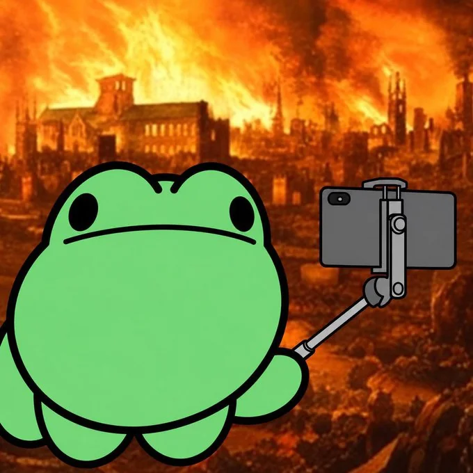 wibet taking a selfie in front of a burning city