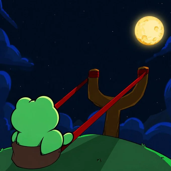 wibet sitting in a giant slingshot at night under a full moon